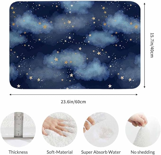 Stars and Clouds Bath Mats for Bathroom Dark Blue Watercolor Night Sky Galaxy Universe Space Floor Bath Rugs Machine Washable Bathmat Carpet Rug Room Decor for Shower Floor 16 X 24 inch Mat