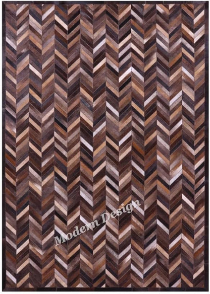 Modern Design Premium Cowhide Leather Carpet with Chevron Pattern, Area Rug (Natural Multi Brown, 6x9)