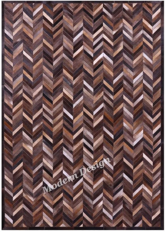 Modern Design Premium Cowhide Leather Carpet with Chevron Pattern, Area Rug (Natural Multi Brown, 3x10)