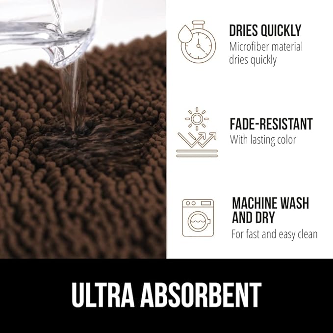 GORILLA GRIP Bath Rug Mat 30x20, Thick Soft Absorbent Chenille, Quick Dry Microfiber Mats, Rubber Backing Washable Shower Floor Rugs, US Designed Bathroom Bathmat Home Decor Accessories, Brown