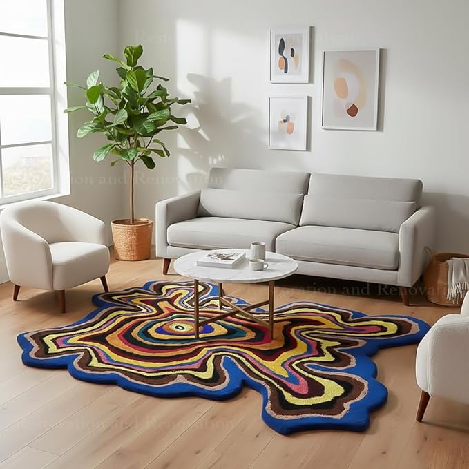 Irregular Shaped Handmade Wool Rug | Modern Colourful Stripe Premium Area Rug Perfect for Home Decor (Multi., 6x6 ft)