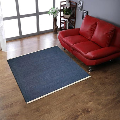 Rugsotic Carpets Hand Woven Flat Weave Kilim Wool ECO-Friendly Area Rugs - 8'x8', Square Shape, Blue Color, Solid Plain Design, Low Pile Handmade Area Rugs for Living Room, Bed Room (D00111)