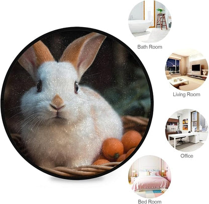 Soft and Cozy 3ft Small Round Rug Non-Slip, Washable Indoor/Outdoor Rug for Home Decor Adorable Bunny Eating Carrot Picnic Basket Print.