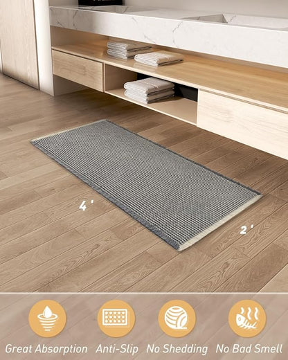 AMOAMI Upgraded Waffle Runner Rug Super Absorbent Non Slip Bath Mats for Bathroom Machine Washable Bathroom Runner Rug with Tassels, Ideal for Hallway Bedroom Laundry Room, 2' x 4', Darkgrey & Cream