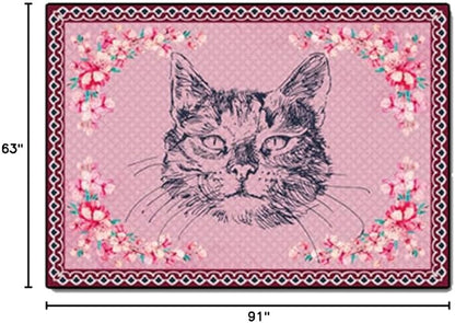 Cartoon Animal Pattern Area Rug Cute Cat Luxury Floral Decor for Carpet Farmhouse Bedroom Living Room Rugs Bathroom Kitchen Runner Mat Indoor Outdoor Non Slip Doormat 5.2' X 7.5'