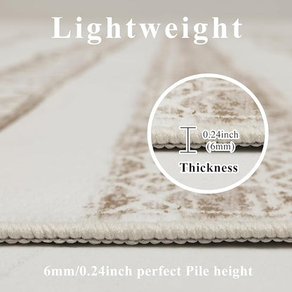 4x6 Washable Area Rug for Living Room, Carpet for Bedroom,Boho Soft Faux Wool Retro Dining Room Rug, Non Slip&Non-Shedding Resistant Low Pile Vintage Print Rug for Home Office (Beige)