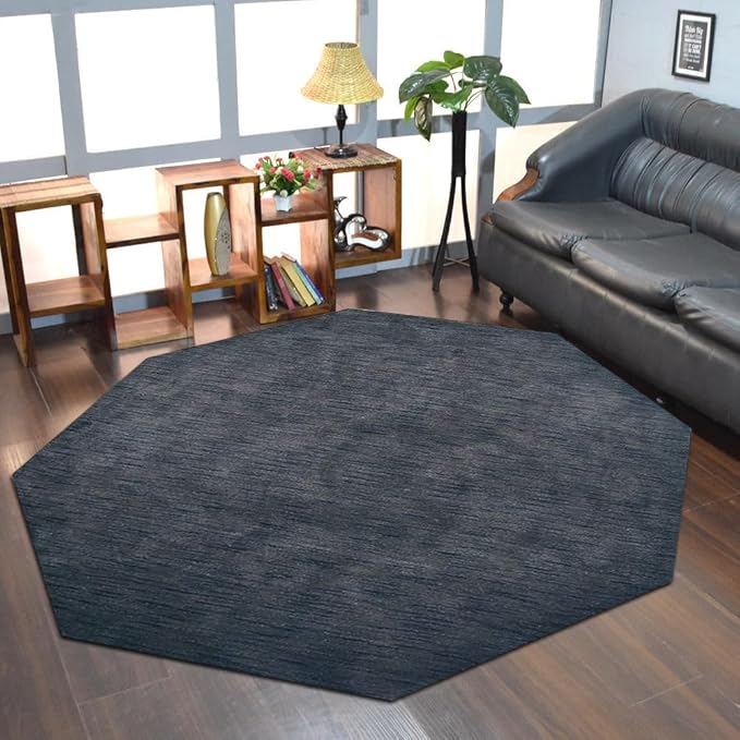 Hand Knotted Loom Wool ECO-Friendly Area Rugs - 8'x8', Octagon, Charcoal Color, Solid Plain Design, High Pile Handmade Anti Skid Area Rugs for Living Room, Bed Room (L00111)