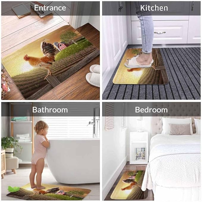Rooster Bath Rugs for Bathroom Sunrise Rooster Hen Farm Fence Durable Flannel Bath Rug Clearance Mats for Forlaundry Room and Kitchen Decor Carpt Washable 20 X 32 Inch Mat