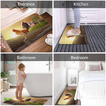 Rooster Bath Rugs for Bathroom Sunrise Rooster Hen Farm Fence Durable Flannel Bath Rug Clearance Mats for Forlaundry Room and Kitchen Decor Carpt Washable 20 X 32 Inch Mat