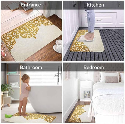 Floral Border Bath Mats for Bathroom Vintage Gold Flower Border Retro Victorian Style Pattern Floor Bath Rugs Machine Washable Bathmat Carpet Rug Room Decor for Shower Floor 20 X 31 Inch Mat