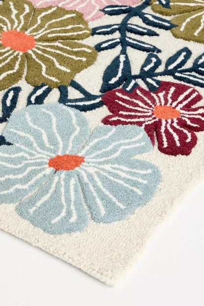 Bold Floral Hand-Tufted Wool Rug 8x12 Ft – Vintage-Style Area Carpet with Modern Botanical Pattern for Living Room, Bedroom, Nursery, Cottagecore Décor, Soft Wool Pile, Cotton Backing