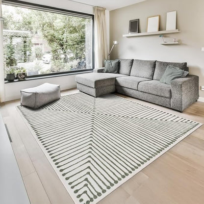 GLN Rugs Contemporary Collection - Machine Washable Area Rug, Contemporary Washable, Non Slip, Low Pile Chenille Rug, Living Room, Bedroom, Kitchen Rug (3' x 5' Green Beige)