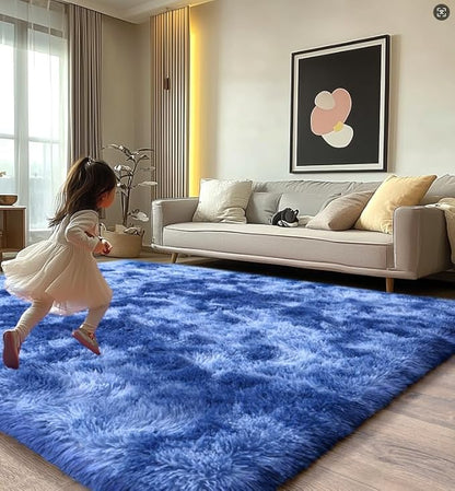 Extra Large 9x12 Feet Fuzzy Rug Fluffy Rug for Living Room, Big Plush Non-Skid Shag Carpet, Soft Shaggy Purple Gray Rugs for Bedroom Indoor Modern Home Decor Tie Dye Blue