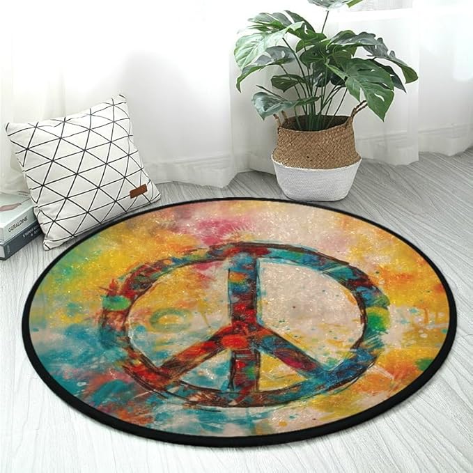 Boho-Style Peace Sign Round Rug Soft, Washable, Non-Slip for Home Decor. Ideal for Bedroom, Entryway, Living Room. Indoor/Outdoor Use.