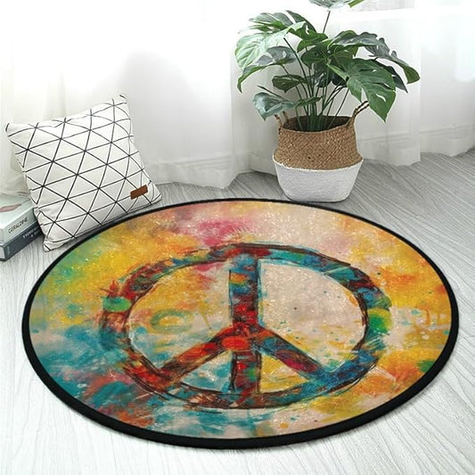 Boho-Style Peace Sign Round Rug Soft, Washable, Non-Slip for Home Decor. Ideal for Bedroom, Entryway, Living Room. Indoor/Outdoor Use.