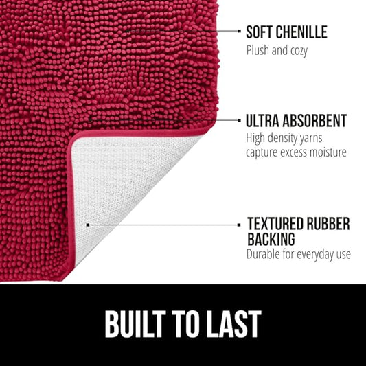 GORILLA GRIP Bath Rug Mat 60x24, Thick Soft Absorbent Chenille, Quick Dry Microfiber Mats, Rubber Backing Washable Shower Floor Rugs, Bathmat Runner, US Designed Bathroom Home Decor Accessories Red