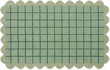 Mint Green Scalloped Edge Wool Area Rug with Checker Grid Design, Hand-Tufted Soft Carpet for Living Room, Bedroom, Nursery, Kids & Playroom Décor - 7x10 Ft