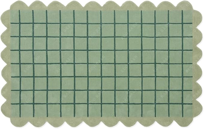 Mint Green Scalloped Edge Wool Area Rug with Checker Grid Design, Hand-Tufted Soft Carpet for Living Room, Bedroom, Nursery, Kids & Playroom Décor - 5x5 Ft (Square)