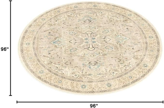 RUGGABLE Washable Vintage Area Rug – Kamran Ivory Opal 8 ft Round, Stain-Resistant, Non-Slip – Large Machine Washable Rugs for Living Room, Bedroom, Hallway, Entryway & Office–with Standard Pad