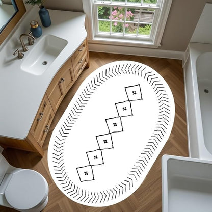 Simple Black and White Geometric Texture Bordered Area Rug 8x10 for Living Room Bedroom Dining Room Soft Washable Anti Slip Floor Mats Doormat Modern Minimalist Large Carpet Cozy Indoor Oval Rugs