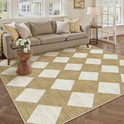 5x7 Checkered Area Rugs for Living Room Brown Machine Washable Large Rug Non-Slip Stain Resistant Low Pile Boho Accent Indoor Throw Carpet for Office Bedroom Dining Room Classroom