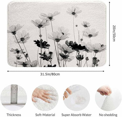 Cosmos Flowers Bath Mat for Bathroom Black and White Pattern Bath Rugs Door Mat Non Slip Rubber Backed Bathroom Floor Mat for Bathtub Sink Shower 20"X32"