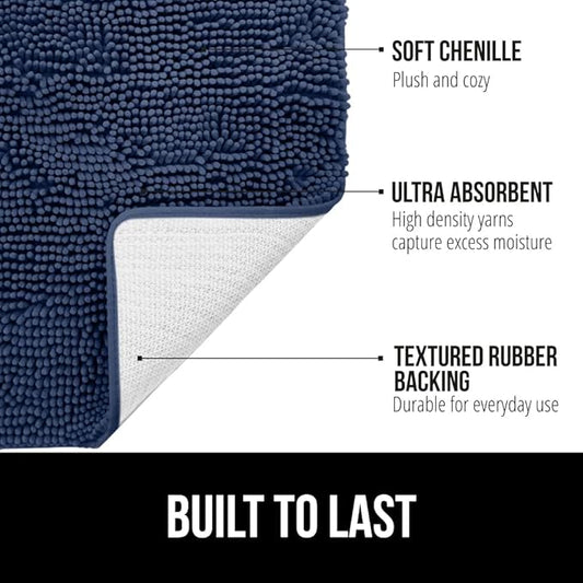 GORILLA GRIP Bath Rug Mat, Thick Soft Absorbent Chenille, Quick Dry Microfiber Mats, Rubber Backing Washable Shower Floor Rugs, US Designed Bathroom Bathmat Home Decor Accessories, 24x17, Navy