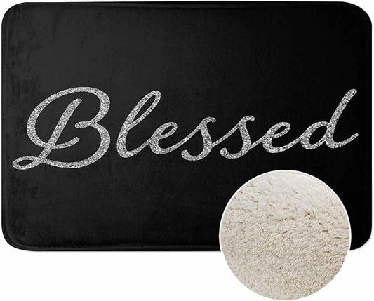 Black Glitter Blessed Bath Mat for Bathroom Bible Verse Blessed Bath Rugs Door Mat Non Slip Rubber Backed Bathroom Floor Mat for Bathtub Sink Shower 16"X24"