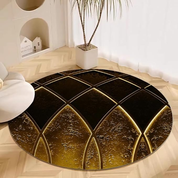 Luxury Black Gold Round Rug Vintage Golden Texture Living Room Circle Area Rugs 8ft Washable Soft Non Slip Low Pile Indoor Floor Carpet for Bedroom Office Kitchen Coffee Table