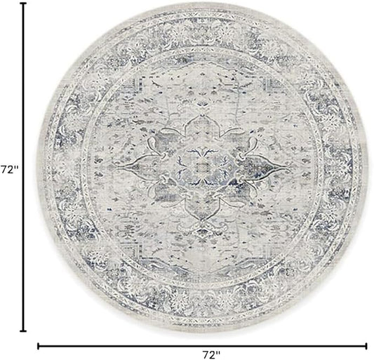 RUGGABLE Washable Vintage Area Rug – Sarrah Blue Quartz 6 ft Round, Stain-Resistant, Non-Slip – Medium Machine Washable Rugs for Living Room, Bedroom, Hallway, Entryway & Office–with Cushioned Pad