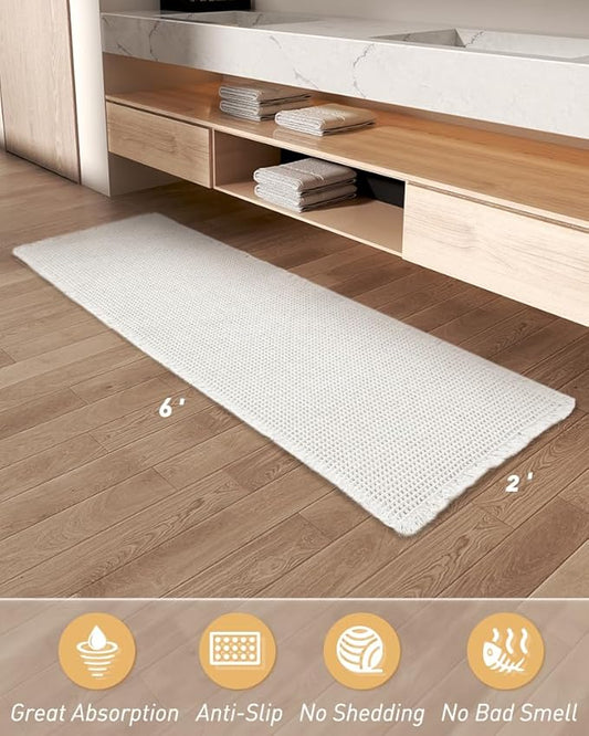 AMOAMI Upgraded Waffle Runner Rug Super Absorbent Non Slip Bath Mats for Bathroom Washable Boho Bathroom Runner Rug with Tassels, Ideal for Hallway Bedroom Laundry Room, White, 2' x 6'