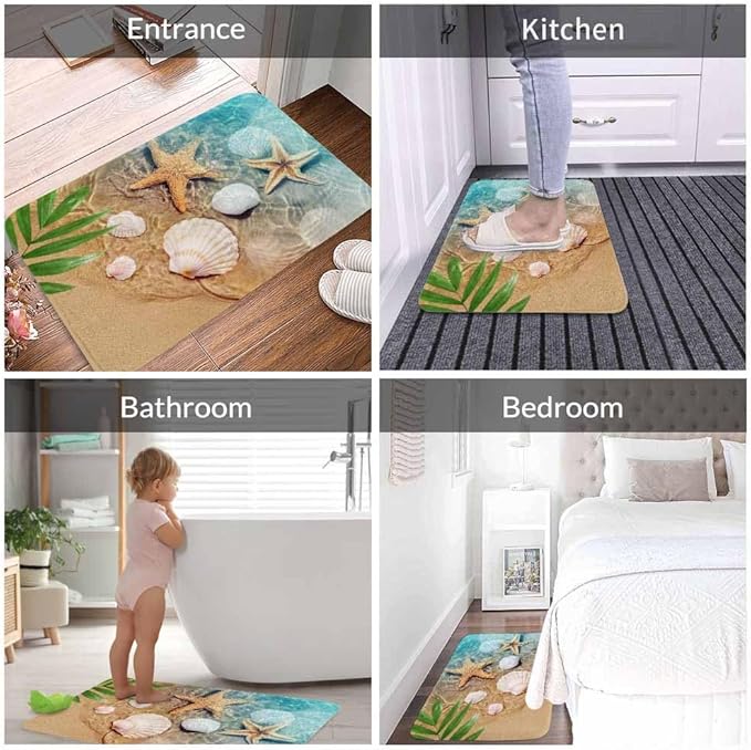 Palm Starfish Seashell Bath Rugs Microfiber Bathroom Mat Soft Plush Shaggy Shower Mat for Bathroom Fluffy Comfortable Water Absorbent Carpet Non-Slip Machine Washable 16"X24"