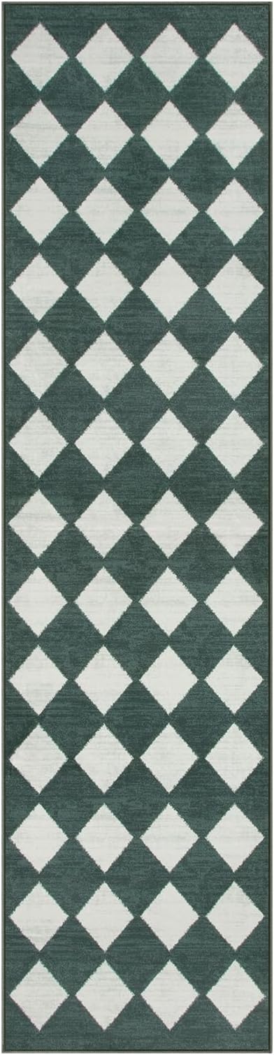 Lahome Checkered Washable 2x8 Green Runners for Hallways Non Slip, Ultra-Thin Kitchen Bathroom Runner Rugs, Moroccan Trellis Throw Carpet Runner for Bedroom Entryway Decor (2'x8',Dark Green)