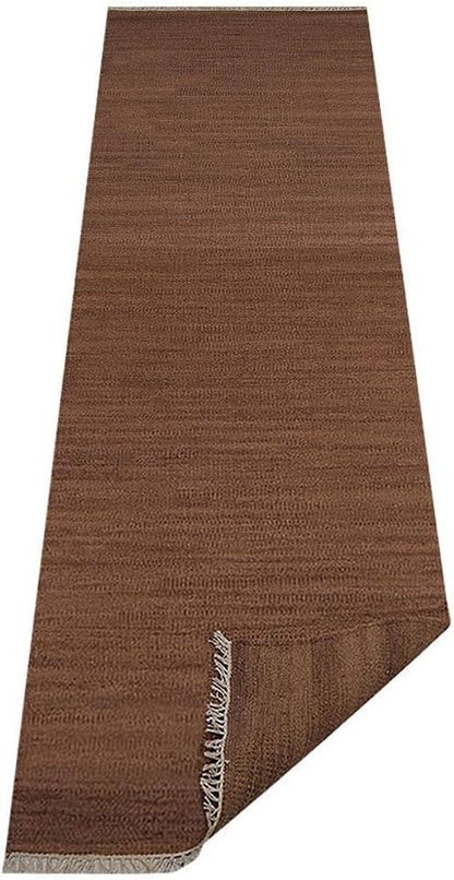 Rugsotic Carpets Hand Woven Flat Weave Kilim Wool ECO-Friendly Area Rugs - 2'6''x10', Runner Shape, Light Brown Color, Solid Plain Design, Low Pile Handmade Rugs for Living Room (D00111)