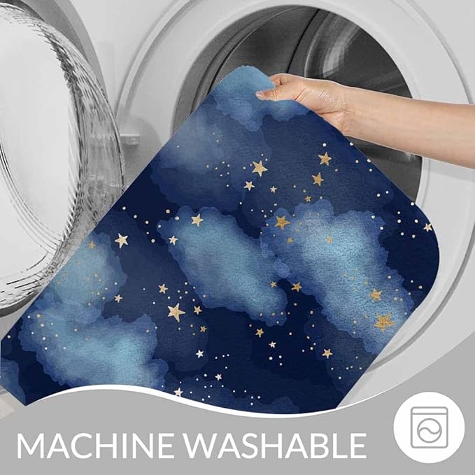 Stars and Clouds Bath Mats for Bathroom Dark Blue Watercolor Night Sky Galaxy Universe Space Floor Bath Rugs Machine Washable Bathmat Carpet Rug Room Decor for Shower Floor 16 X 24 inch Mat