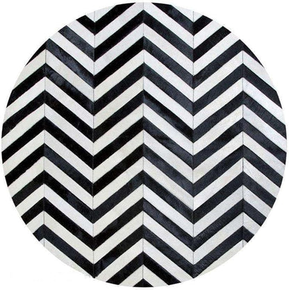 Round Cowhide Rug Black and White – Handmade Genuine Leather Chevron Patchwork Carpet – Modern Luxury Hide Area Rug for Living Room Bedroom Office Rustic Farmhouse Home Décor, (4×4ft)