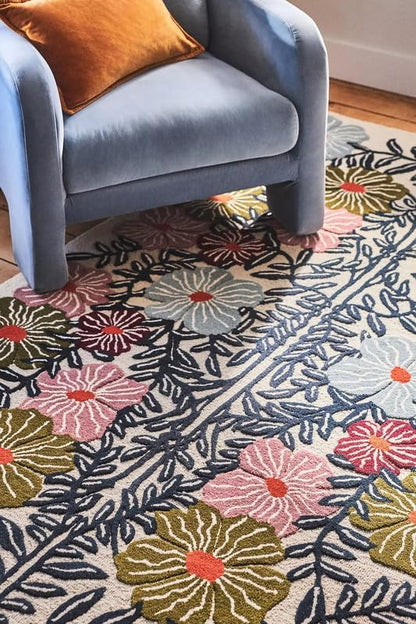 Bold Floral Hand-Tufted Wool Rug 2.5x10 Ft (Runner) – Vintage-Style Area Carpet with Modern Botanical Pattern for Living Room, Bedroom, Nursery, Cottagecore Décor, Soft Wool Pile, Cotton Backing