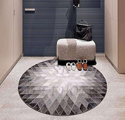 Cowhide Hairon Leather Round Rug, Geometric Patterned Circle Carpet for Living Room, Bedroom, Hall, Brown, 5×5ft