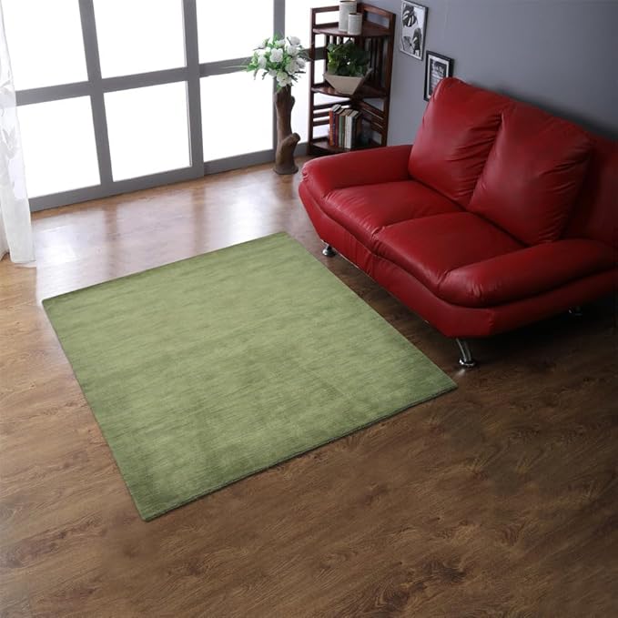 Hand Knotted Loom Wool ECO-Friendly Area Rugs - 6'x6', Square, Green Color, Solid Plain Design, High Pile Thick Handmade Anti Skid Area Rugs for Living Room, Bed Room (L00111)