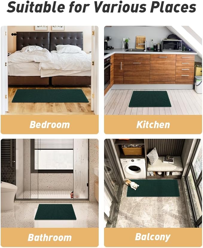 AMOAMI Upgraded Waffle Bath Mat, Super Absorbent Non Slip Bath Mats for Bathroom Floor, Machine Washable Bathroom Rugs with Tassels, Rubber Backed Bathroom Mats, Ultra Soft, 20" x 32", Dark Green