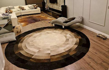 Round Faux Cowhide Leather Rug – Rustic Western Boho Farmhouse Concentric Rings Non-Slip Durable Faux Leather Round Area Carpet for Living Room Bedroom Office – Brown & White, 3×3ft