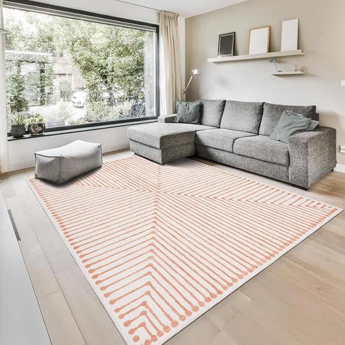 GLN Rugs Contemporary Collection - Machine Washable Area Rug, Contemporary Washable, Non Slip, Low Pile Chenille Rug, Living Room, Bedroom, Kitchen Rug (9' x 12' Orange Beige)