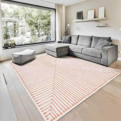 GLN Rugs Contemporary Collection - Machine Washable Area Rug, Contemporary Washable, Non Slip, Low Pile Chenille Rug, Living Room, Bedroom, Kitchen Rug (4' x 6' Orange Beige)