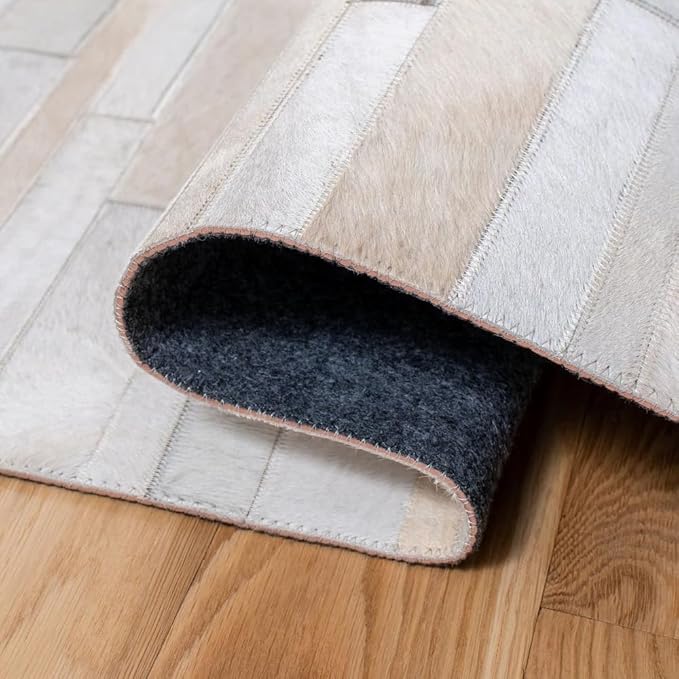 Cowhide Leather Rug for Living Room 4x6 Natural Leather Rug Modern Stripes Style Floor Carpet for Home Decor | Superior Indoor Area Rug, Washable Rug White