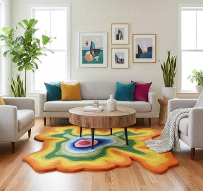 Irregular Shaped Handmade Wool Area Rug | Modern Colourful Stripe Premium Carpet | Perfect for Living Room, Bedroom, Dining Room & Home Decor (Rainbow, 8x8 ft)