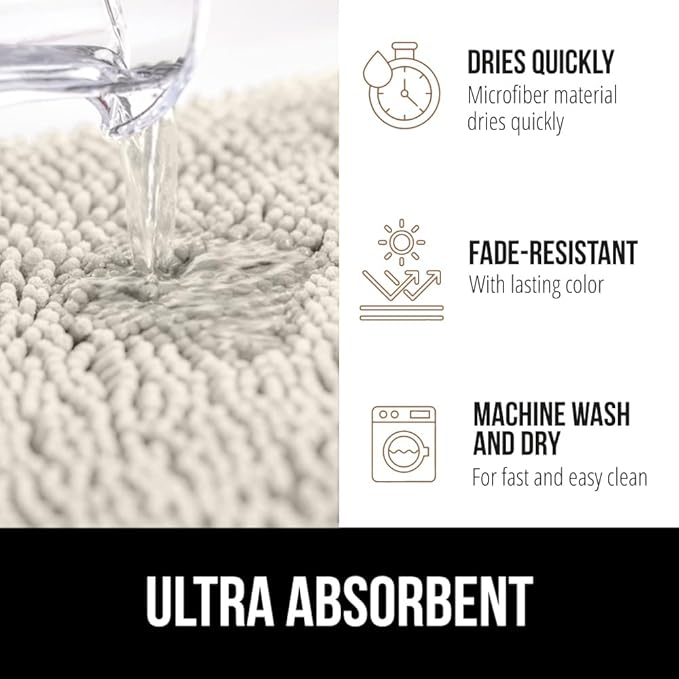 GORILLA GRIP Plush Absorbent Shaggy Chenille Bath Rug Mat for Square Toilet Base with Rubber Backing, Machine Washable Rugs, Soft Microfiber Contour Mats for Toilets, Bathroom Decor, Ivory