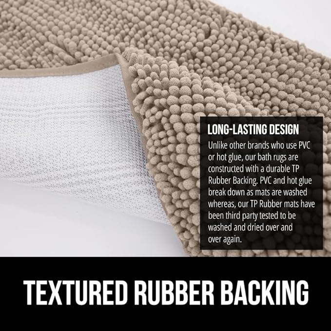 GORILLA GRIP Plush Absorbent Shaggy Chenille Bath Rug Mat for Square Toilet Base with Rubber Backing, Machine Washable Rugs, Soft Microfiber Contour Mats for Toilets, Bathroom Decor, Gray Beige