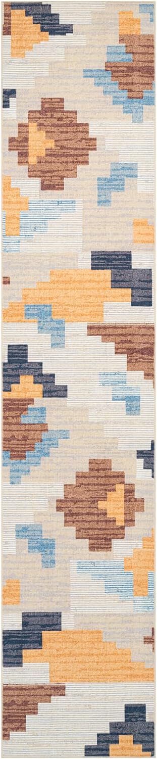 Phantoscope Washable Runner Rug 2'x10' Non-Slip, Modern Neutral Boho Hallway Rugs for Entryway, Stair, Bedroom, Abstract Geometric Blocks Pattern, Low-Pile Foldable Floor Carpet, Warm Terracotta/Cream