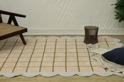 Scalloped Border Wool Area Rug with Windowpane Grid, Hand-Tufted, Beige-Blush with Sage Lines & Light Purple Edge - Soft High-Low Pile for Living Room, Bedroom, Nursery - 8x8 Ft (Round)