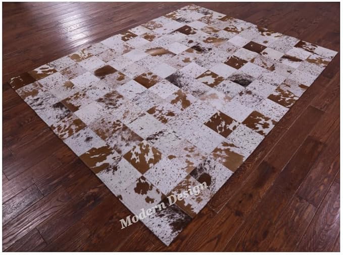 Modern Design Premium Cowhide Leather Carpet with Chevron Pattern, Area Rug (White/Brown, 2x3)